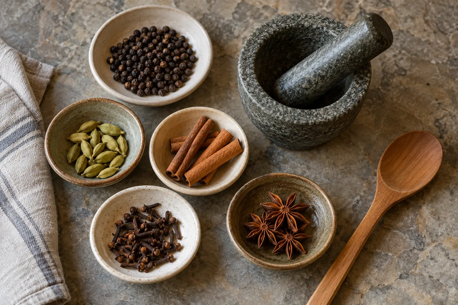 Illustration: Whole spices in small dishes beside a mortar, pestle and wooden spoon.