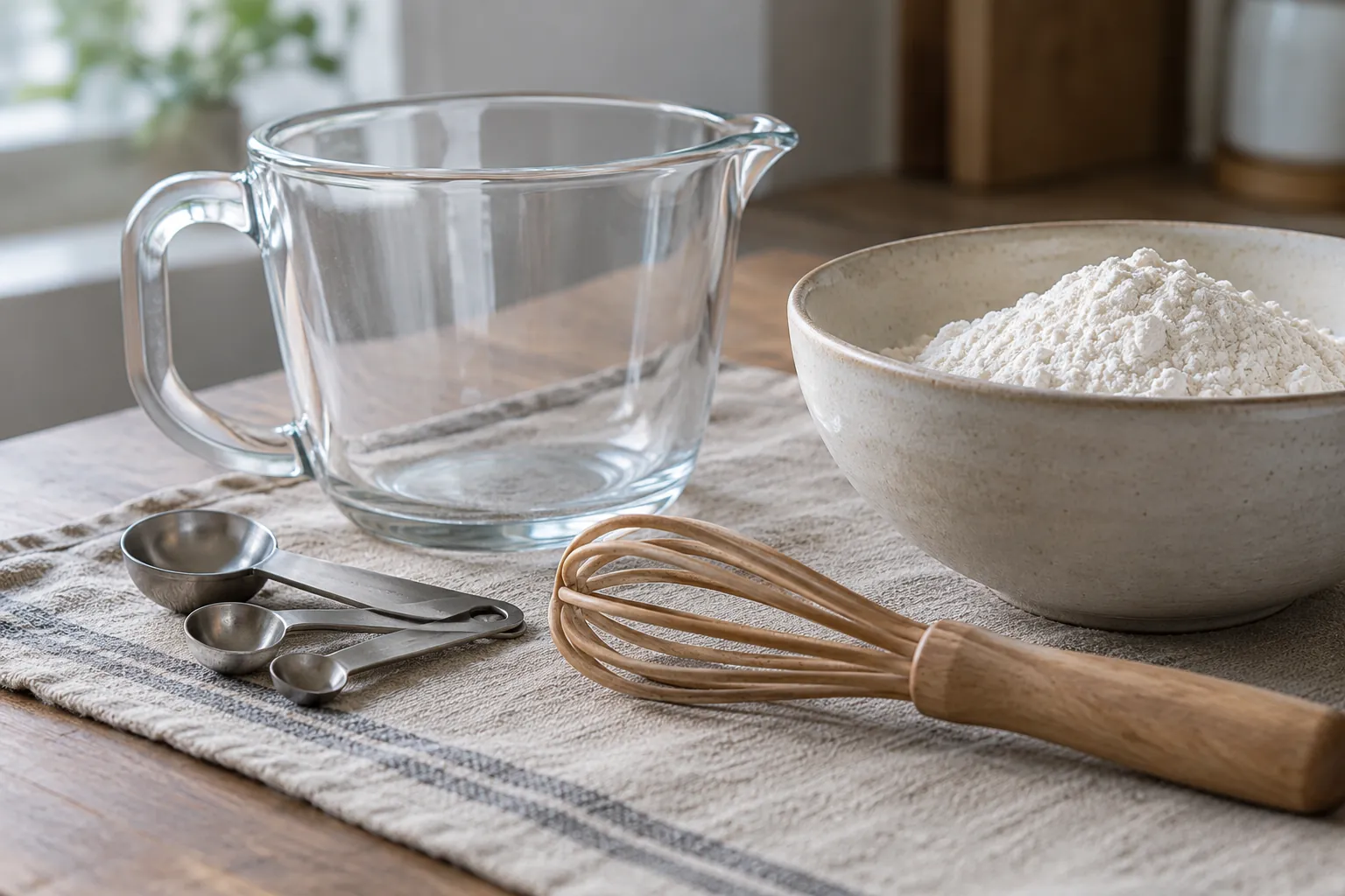 Illustration: A mixing jug, measuring spoons, wooden whisk and bowl of flour on a work mat.