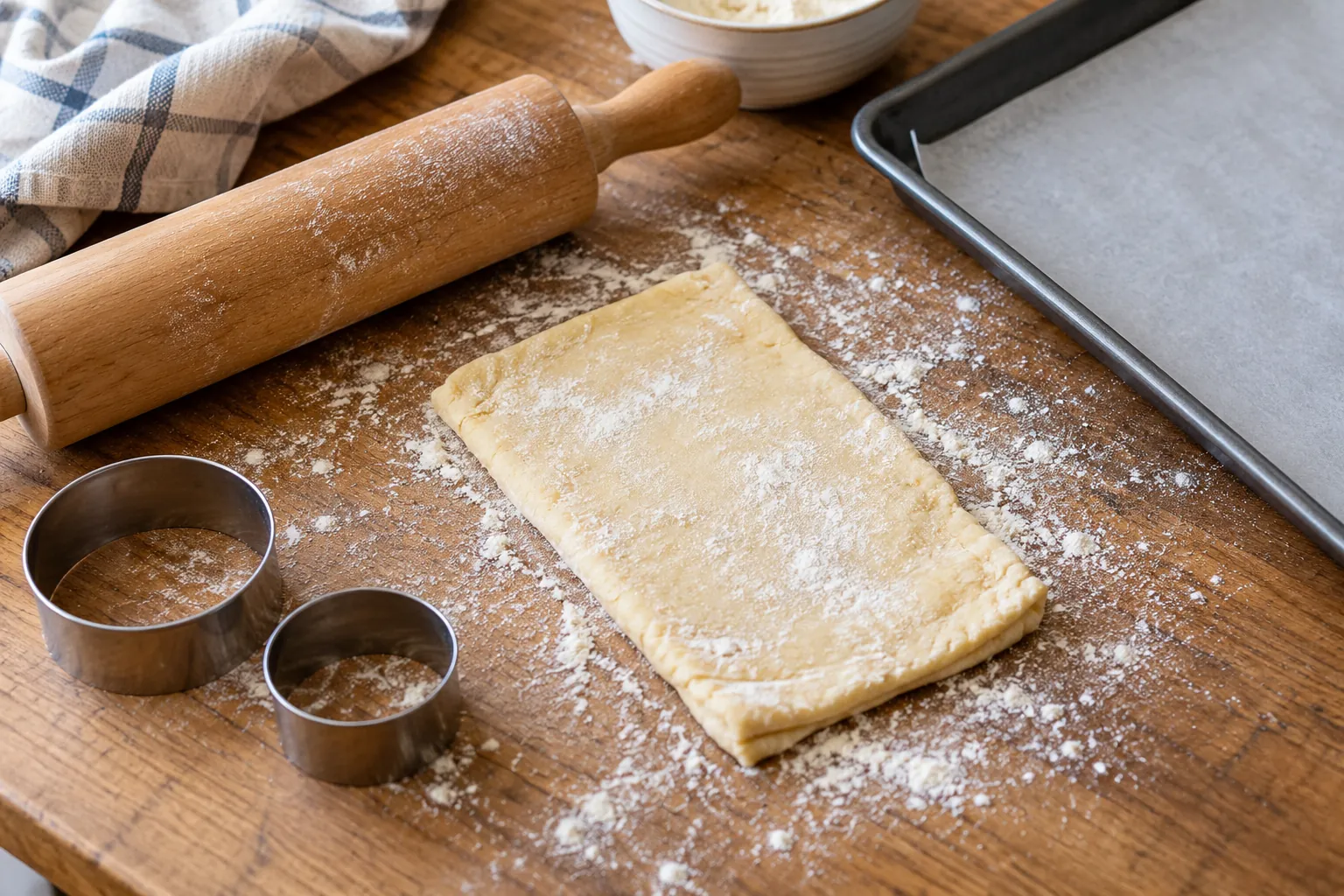 Illustration: Pastry dough, a rolling pin, round cutters and an empty tray on a baking board.