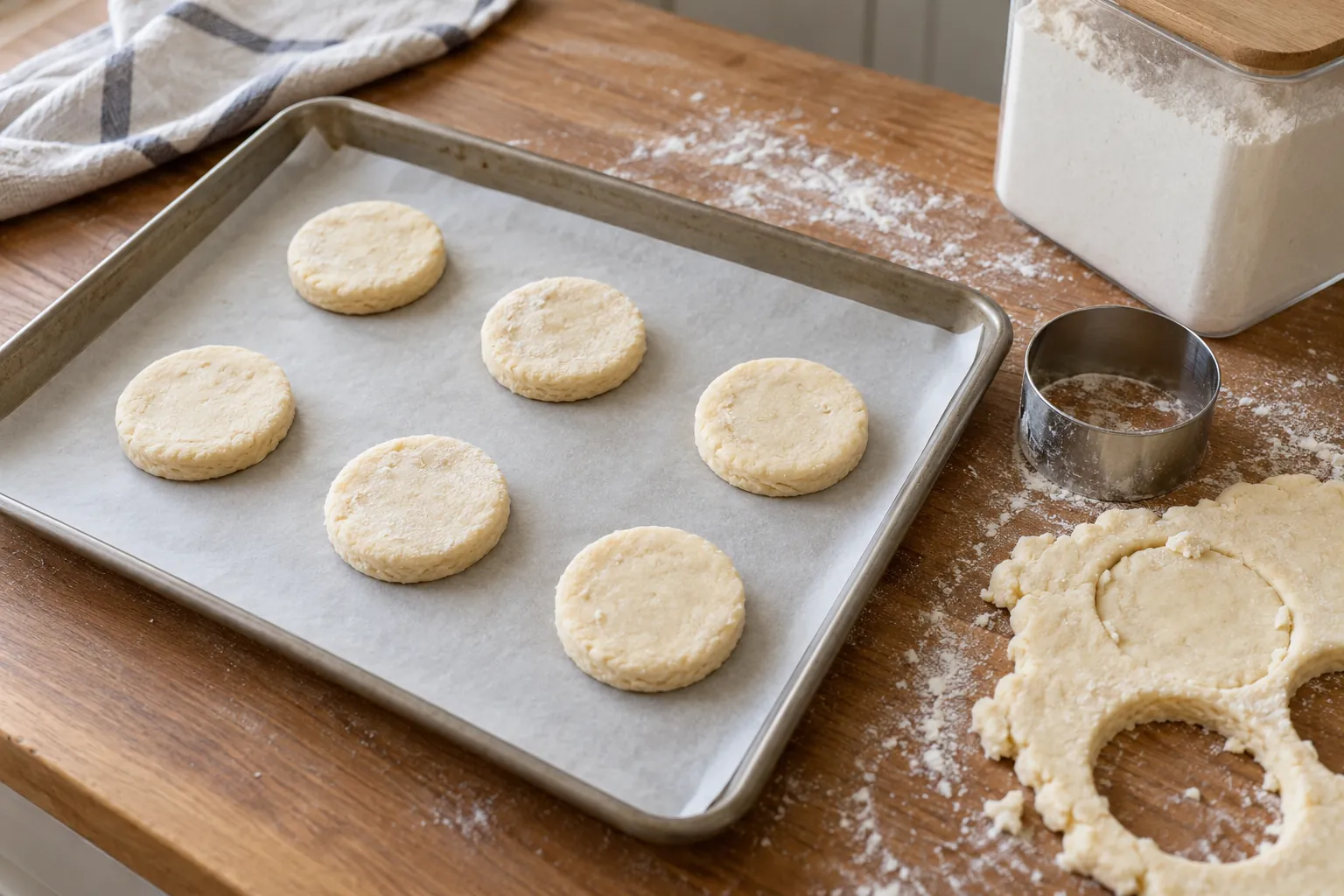 Illustration: Round dough pieces, a cutter and leftover dough on a baking sheet.