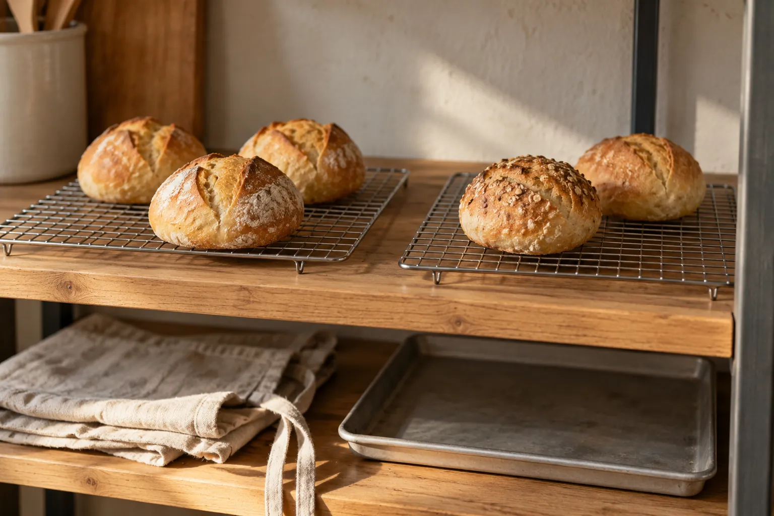 Illustration: Bread rolls on cooling racks above a folded apron and empty baking tray.