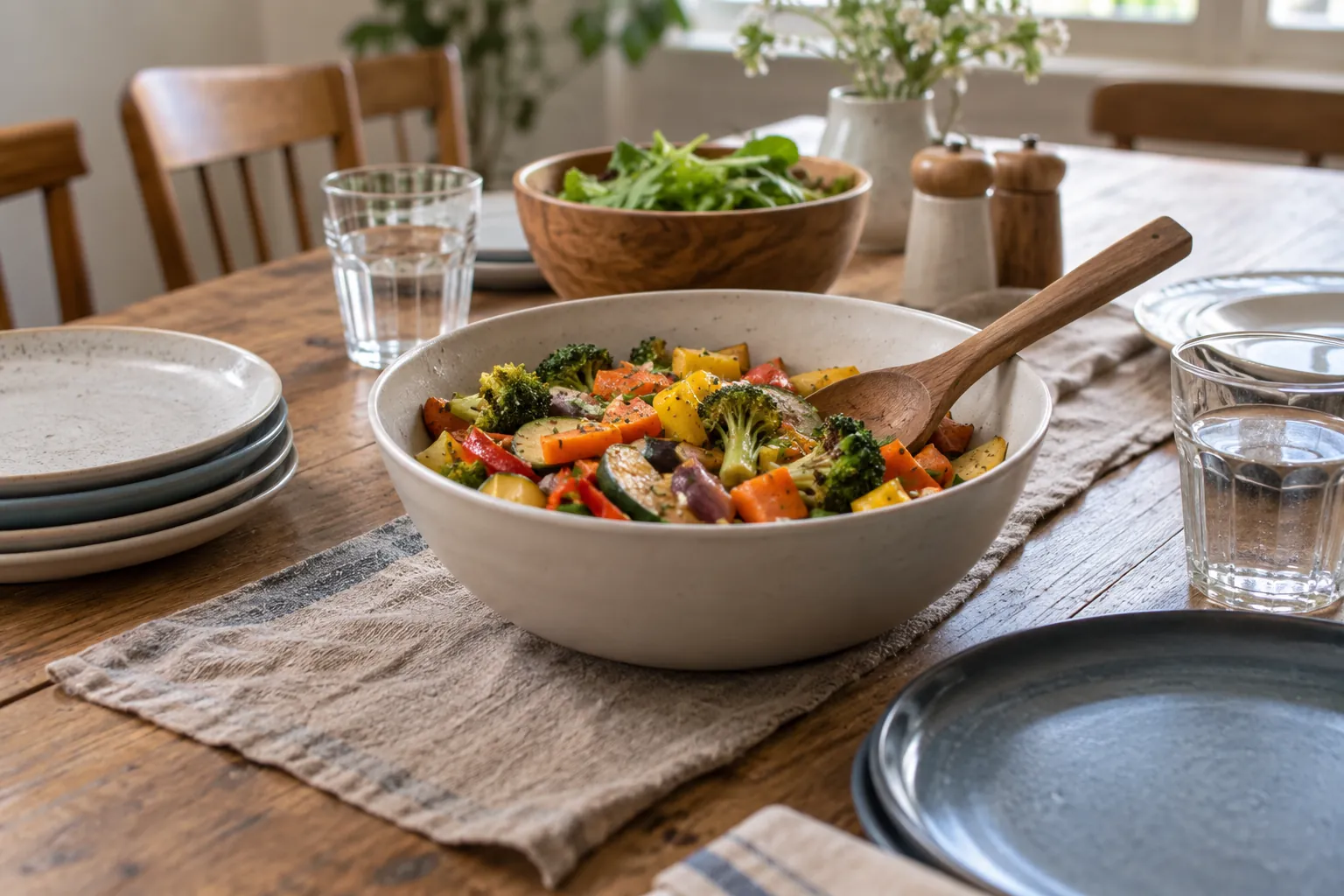 Illustration: A vegetable serving bowl, wooden spoon and reusable plates on a shared table.