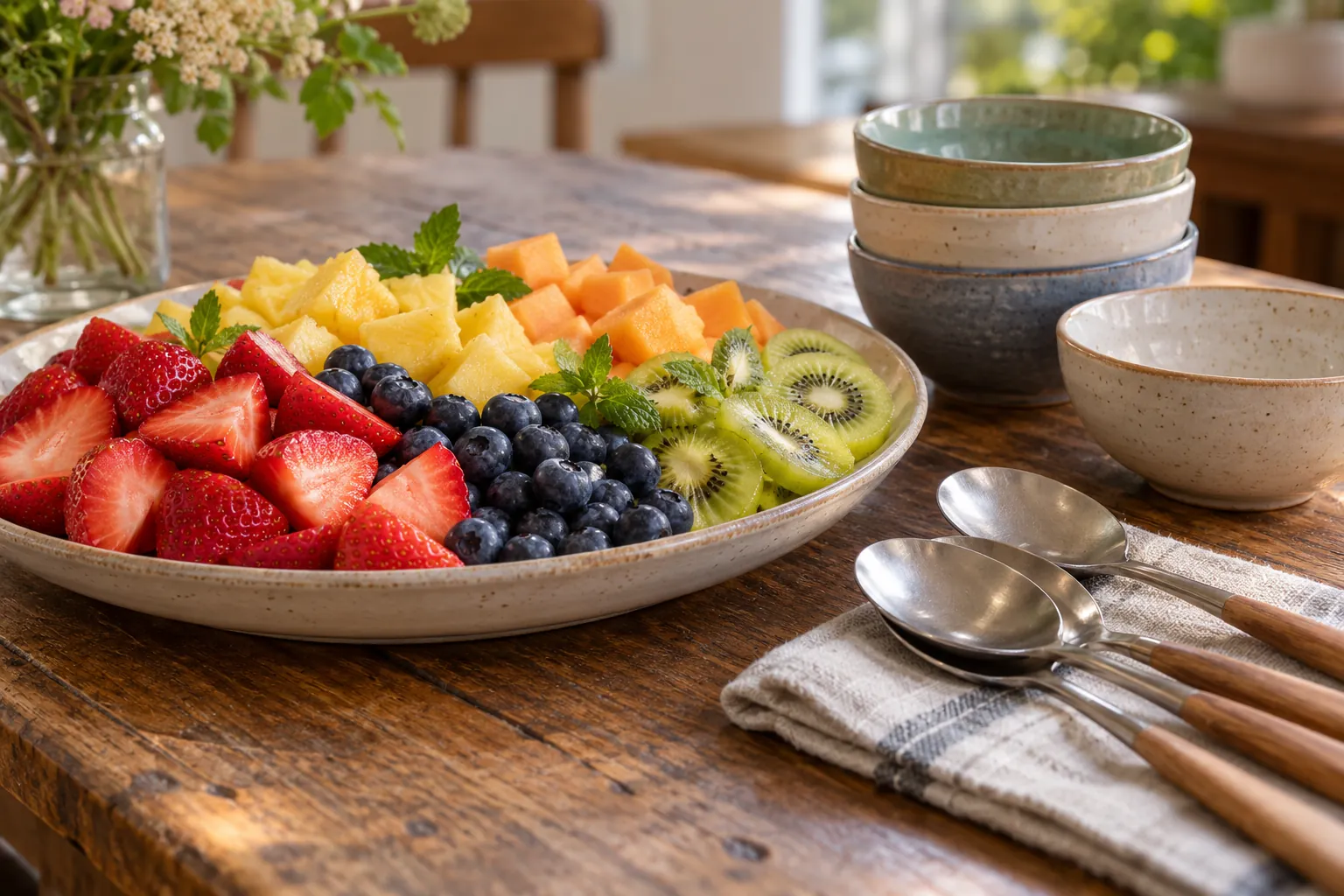 Illustration: A dish of cut fruit with small bowls and serving spoons on a shared table.