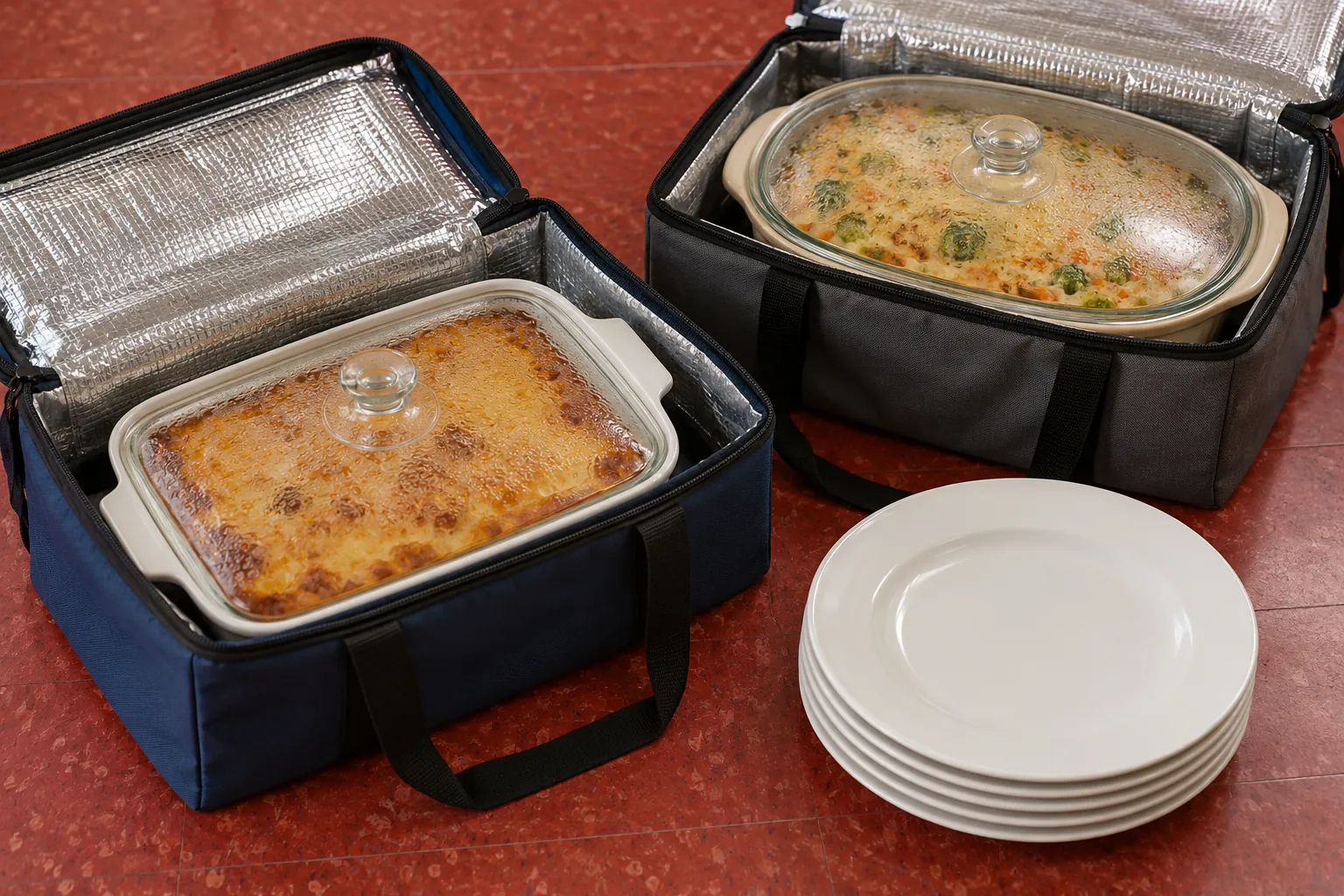 Illustration: Open plain insulated carriers hold covered casserole dishes beside stacked plates on red community-hall flooring, in a close overhead view.