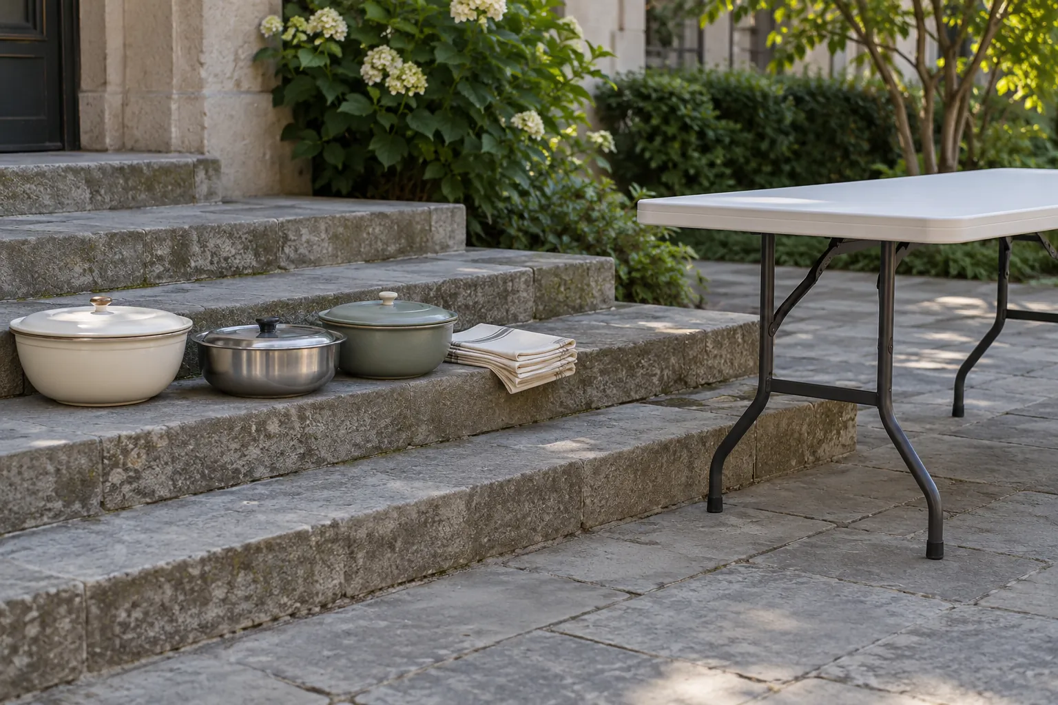 Illustration: A few covered serving bowls and folded cloth napkins wait on broad shaded courtyard steps beside an empty folding table, shown wide in cool light.