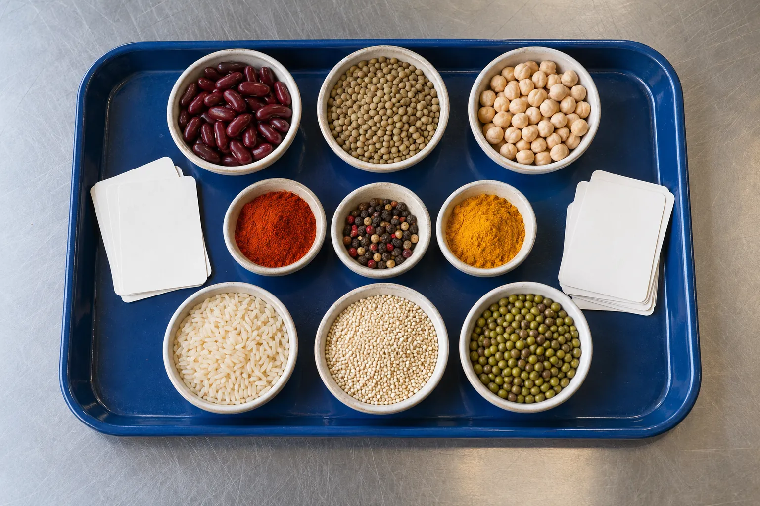 Illustration: Small bowls of beans, spices and grains sit in a blue tasting tray on a stainless counter, with blank discussion cards and no labels, photographed overhead.