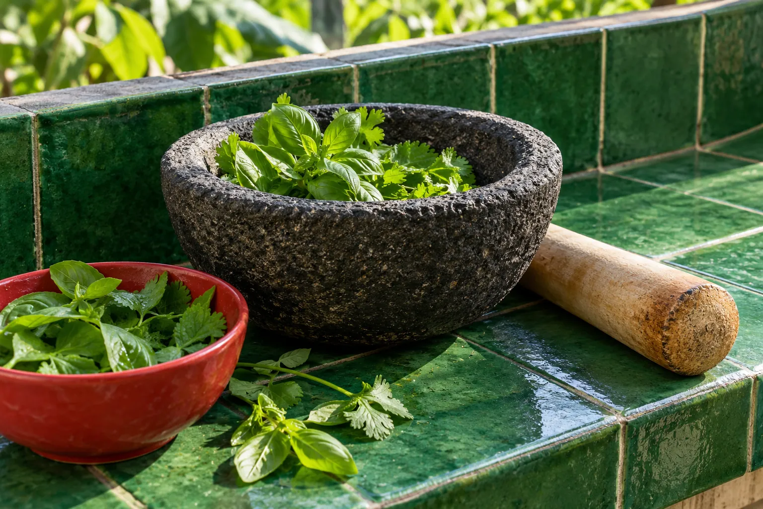 Illustration: A black stone mortar and fresh herbs on a green-tiled kitchen ledge.