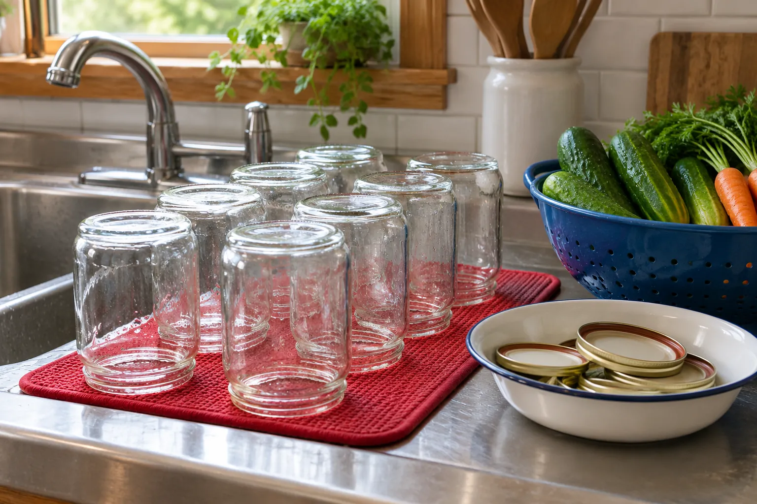 Illustration: Clean jars and vegetables prepared beside a community workshop sink.