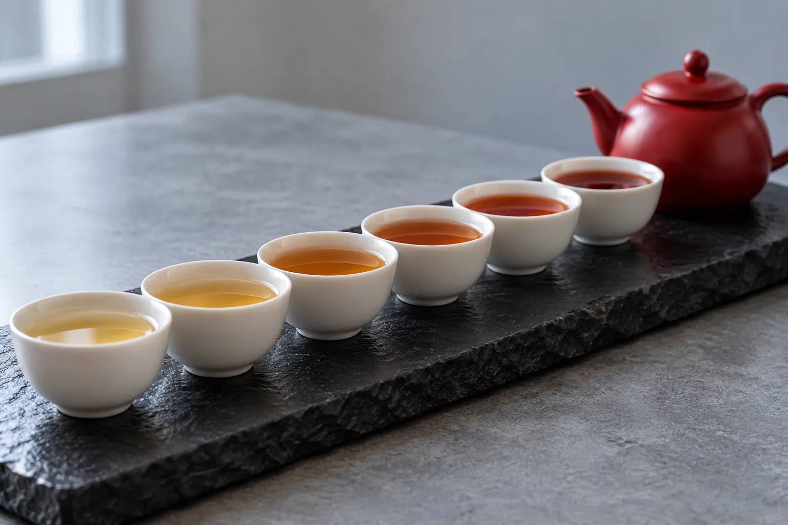 Illustration: Different tea infusions in white tasting bowls on a black tray.