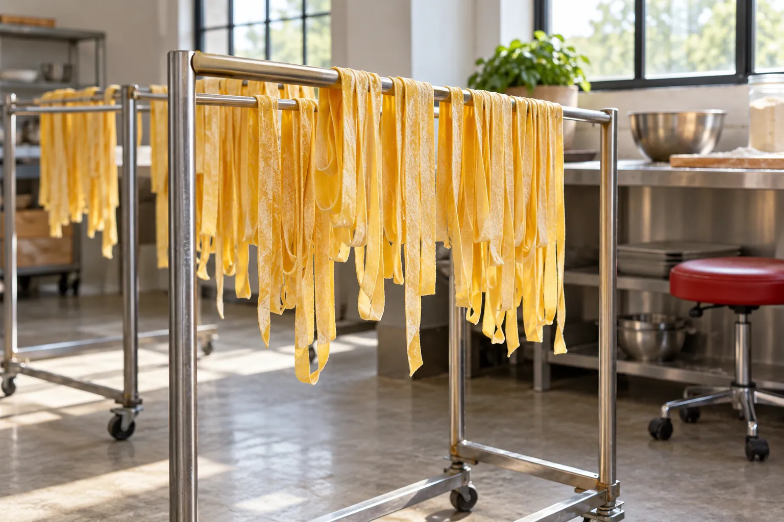 Illustration: Fresh pasta ribbons drying on metal rails in an empty community kitchen.