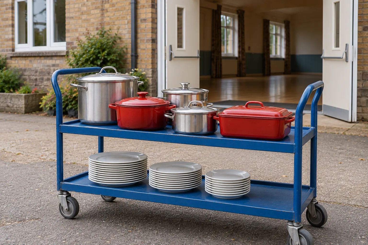 Illustration: Covered potluck dishes on a blue trolley outside a community hall.