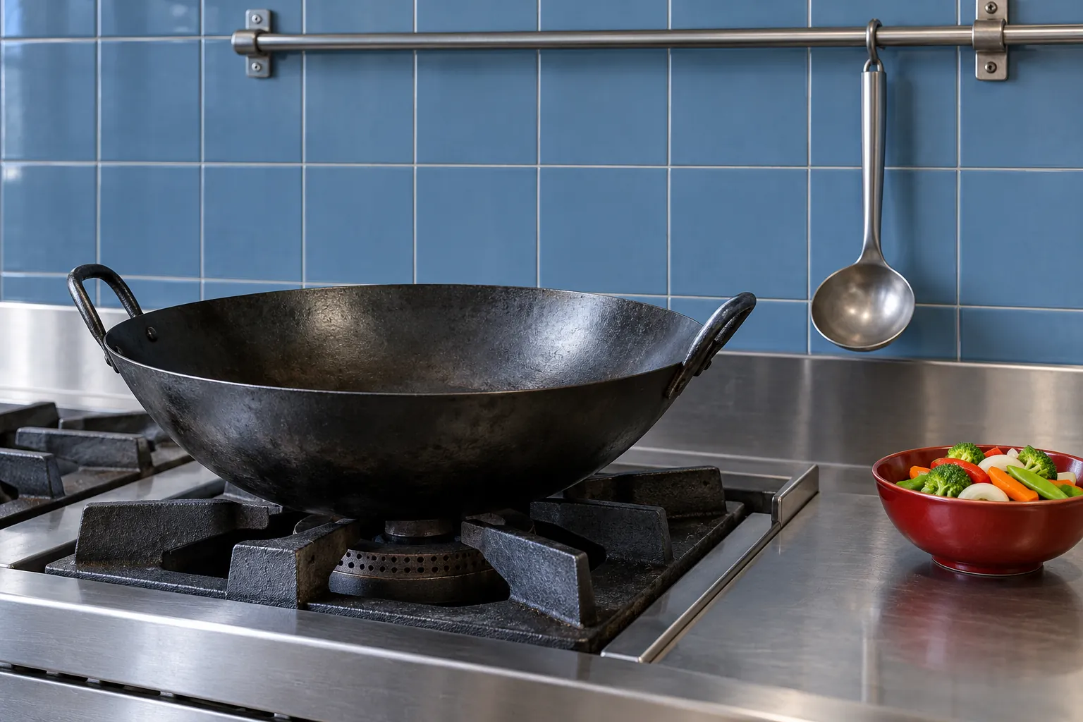 Illustration: A wok and ladle at an unlit community-kitchen cooking station.