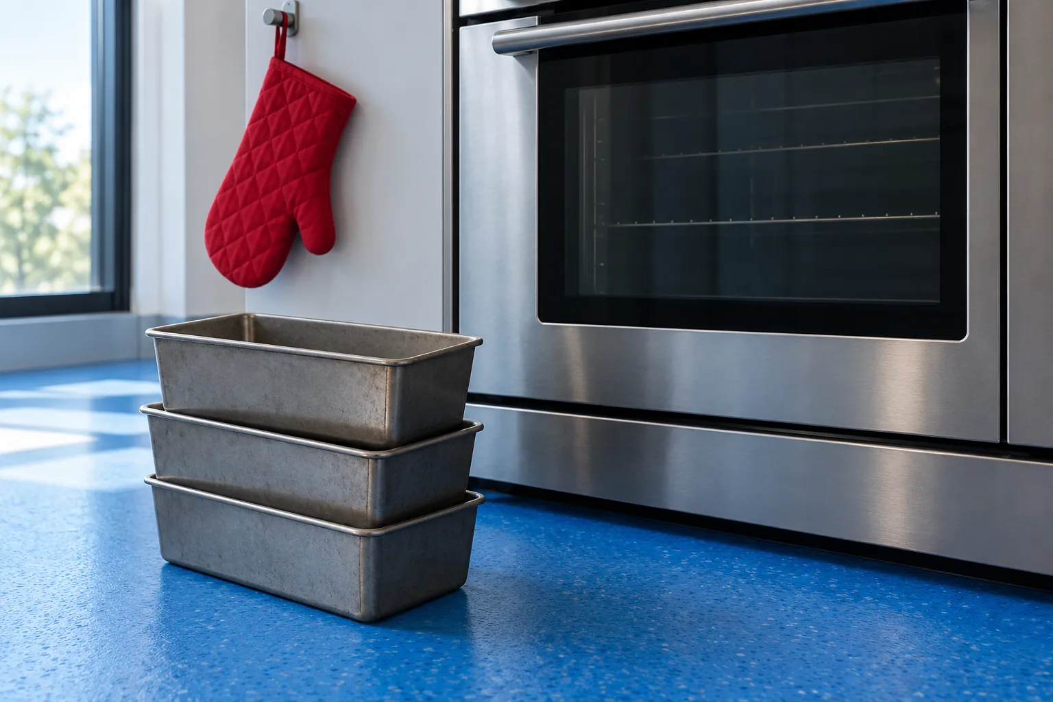 Illustration: Bread tins and an oven mitt beside a closed teaching-kitchen oven.