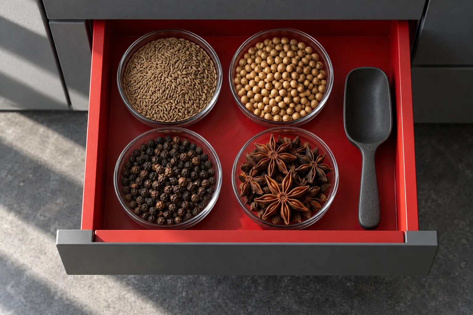 Illustration: Whole spices in separate dishes inside a scarlet tasting drawer.