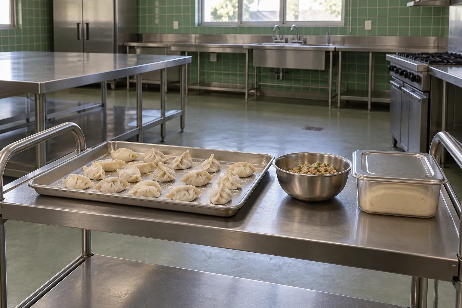 Illustration: A stainless preparation cart with raw dumplings in a teaching kitchen.