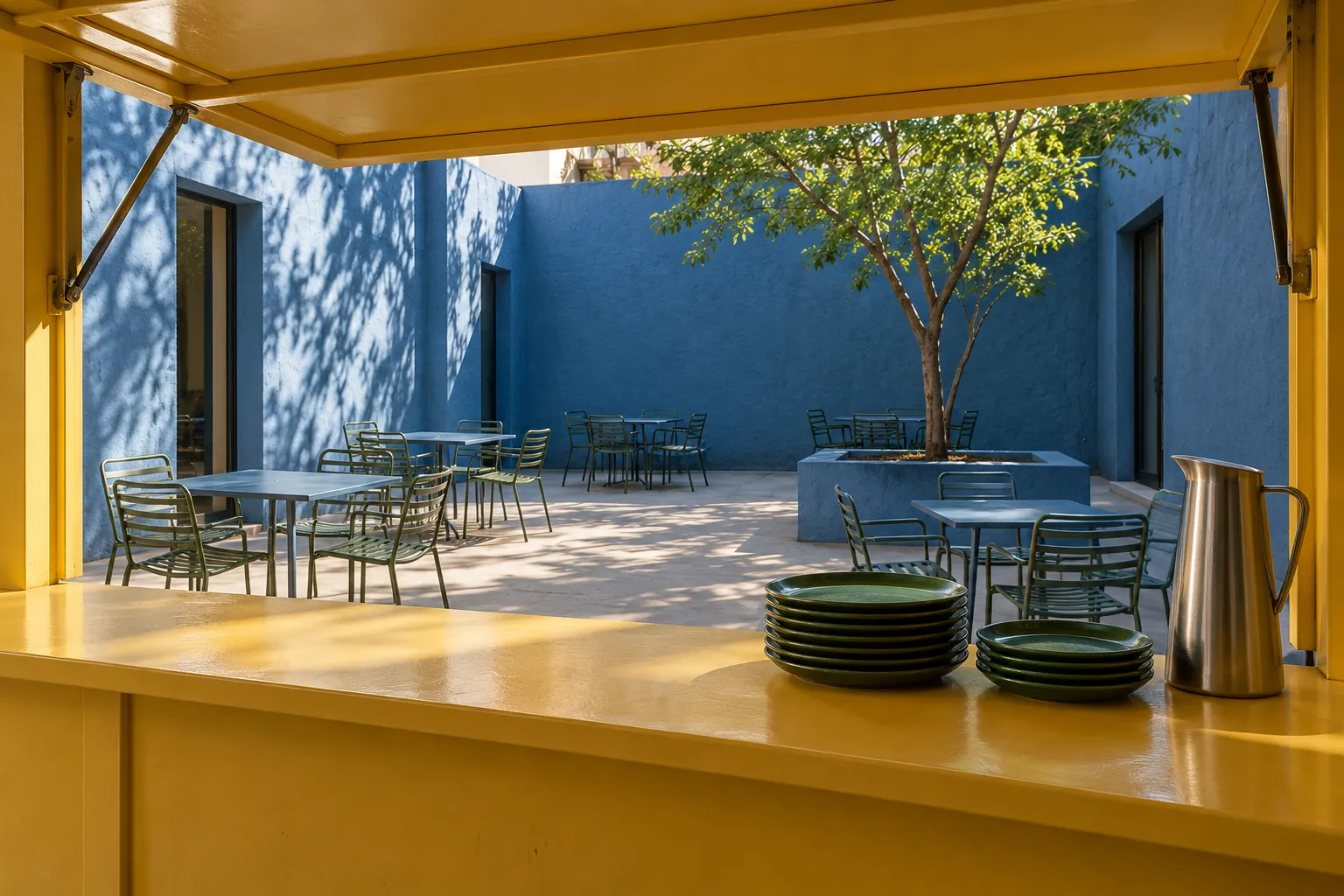 Illustration: Plates and a water pitcher at a yellow courtyard serving hatch.