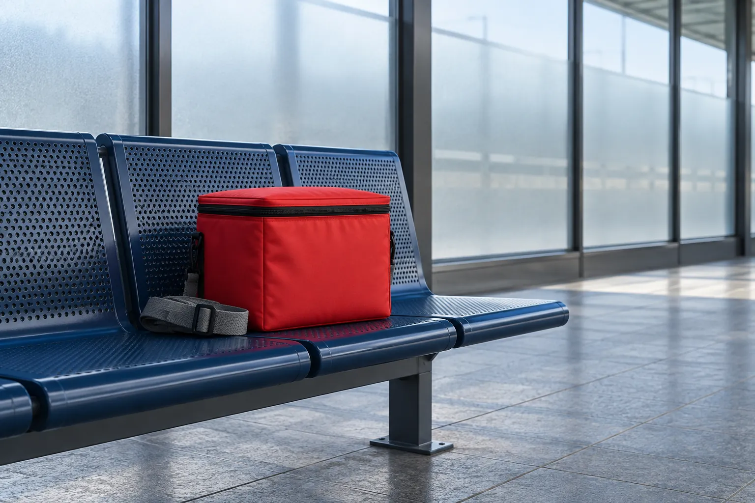 Illustration: A red potluck food carrier on an empty station bench.