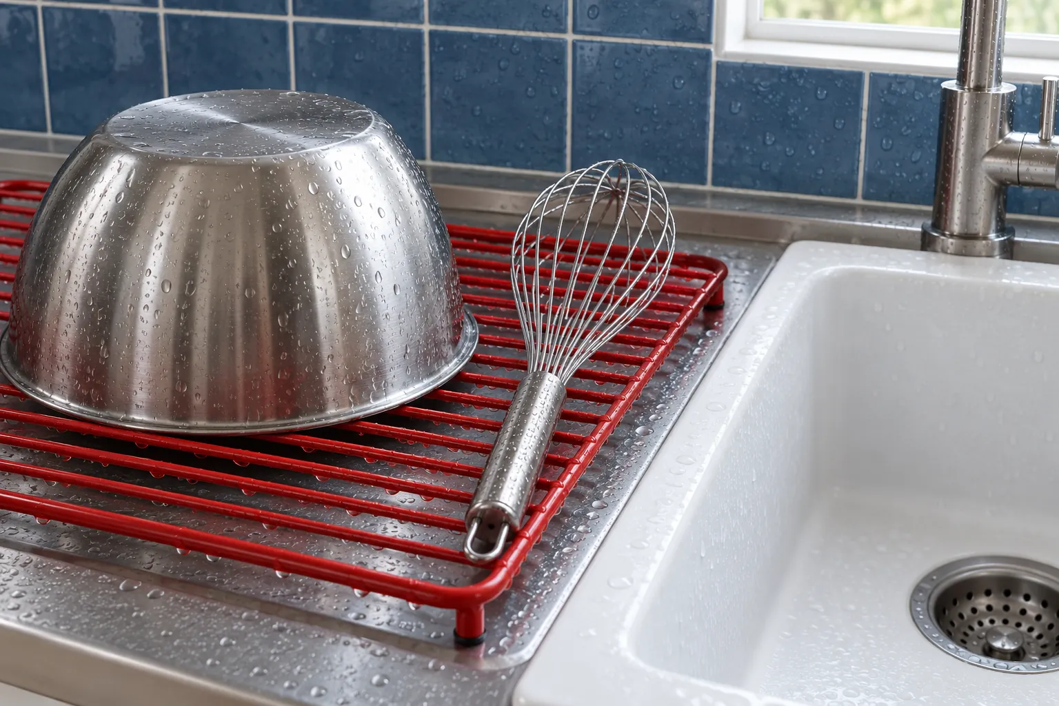 Illustration: A mixing bowl and whisk drying at a kitchen wash station.