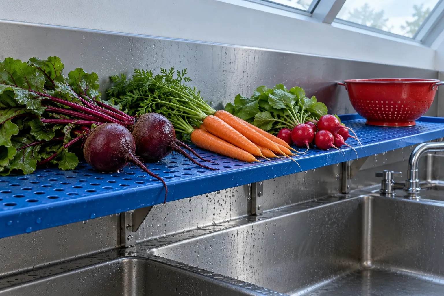 Illustration: Washed root vegetables on a blue rack above a preparation sink.