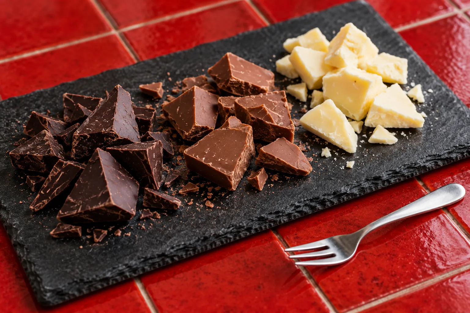 Illustration: Different chocolate pieces on a black tasting palette.