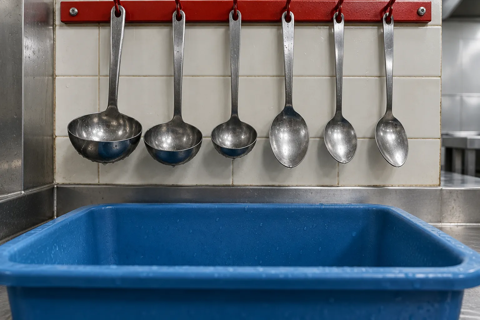 Illustration: Washed serving utensils hanging above a blue community-kitchen tub.