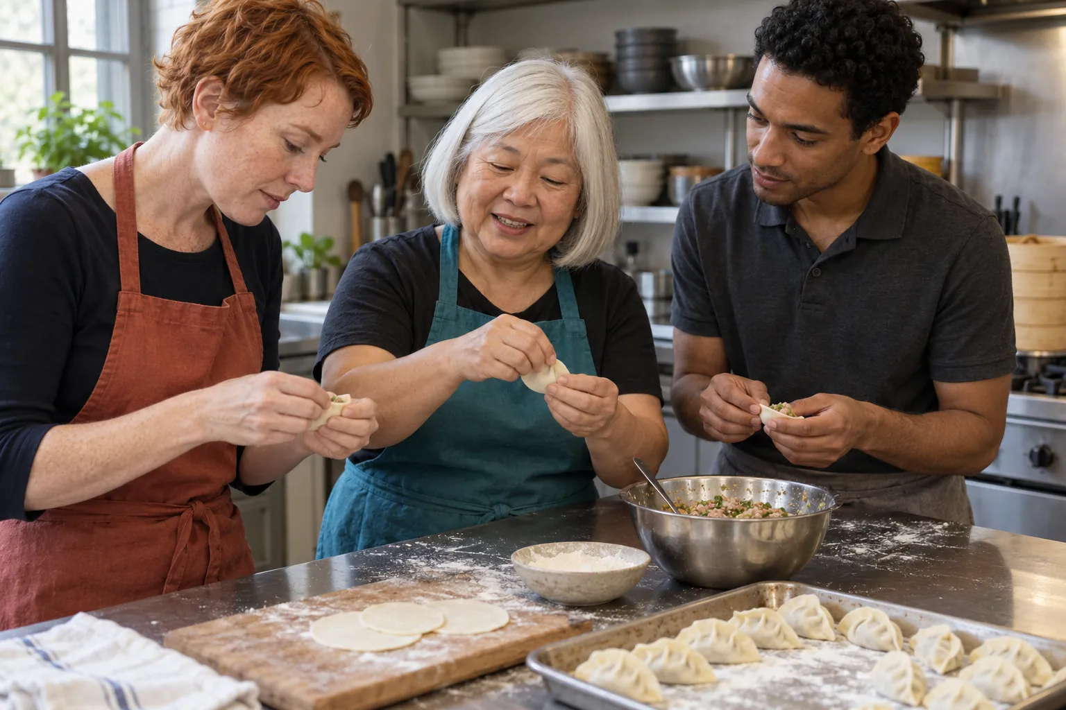 Illustration: Three adults learn to fold dumplings together.