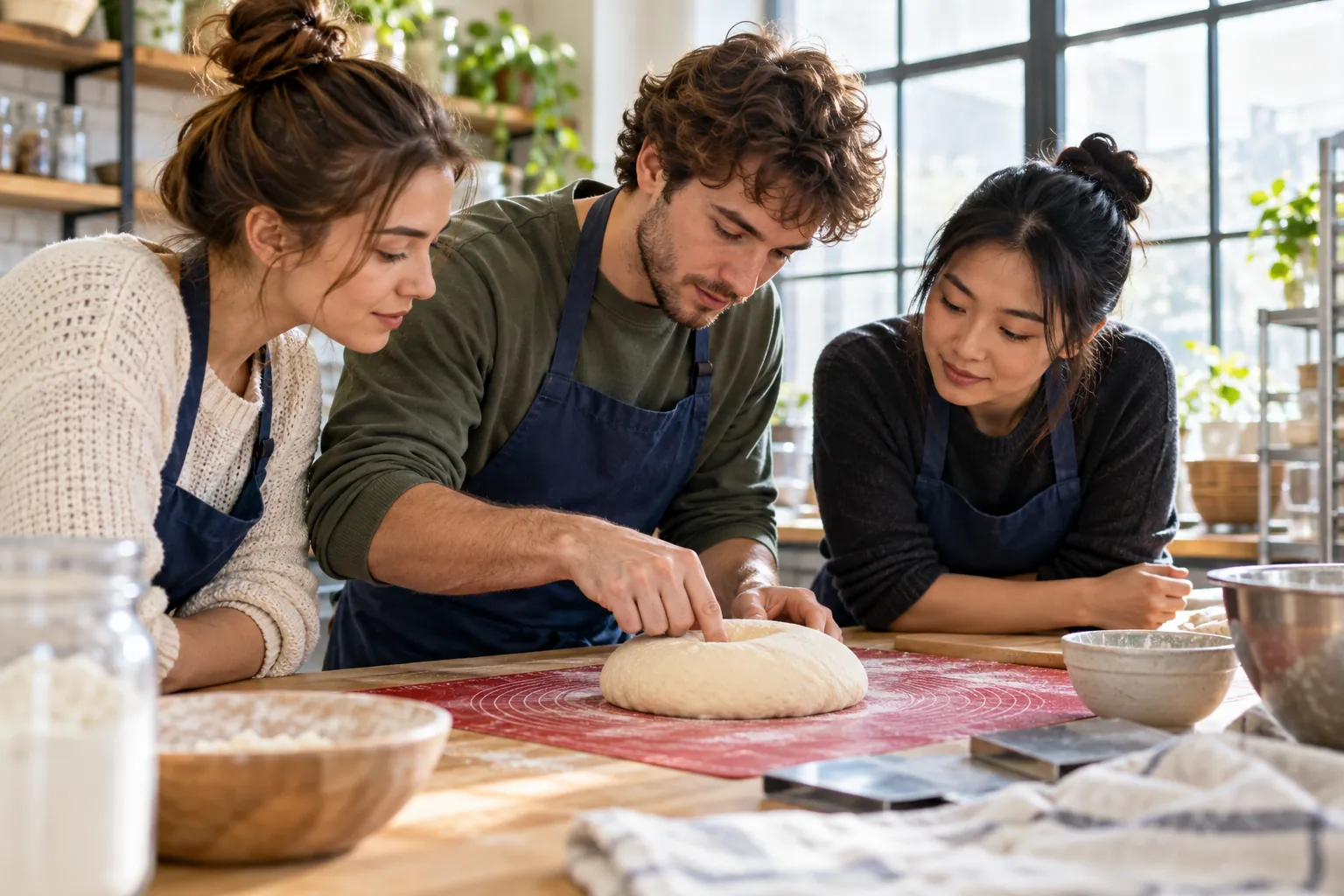 Illustration: Three young adults check the texture of bread dough in a workshop.