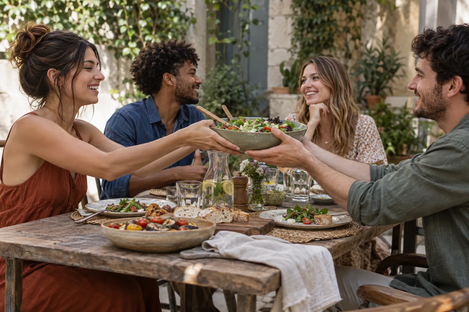 Illustration: Young adults pass a salad bowl during a shared courtyard meal.