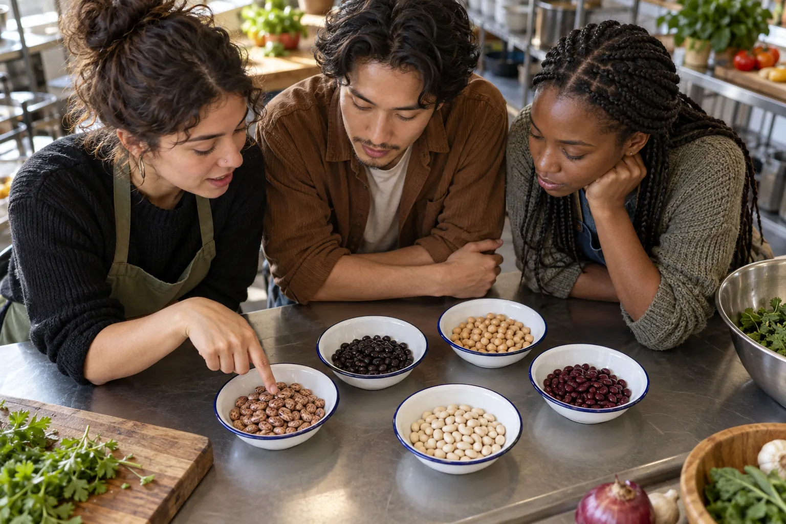 Illustration: Young adults compare different beans at a community kitchen counter.