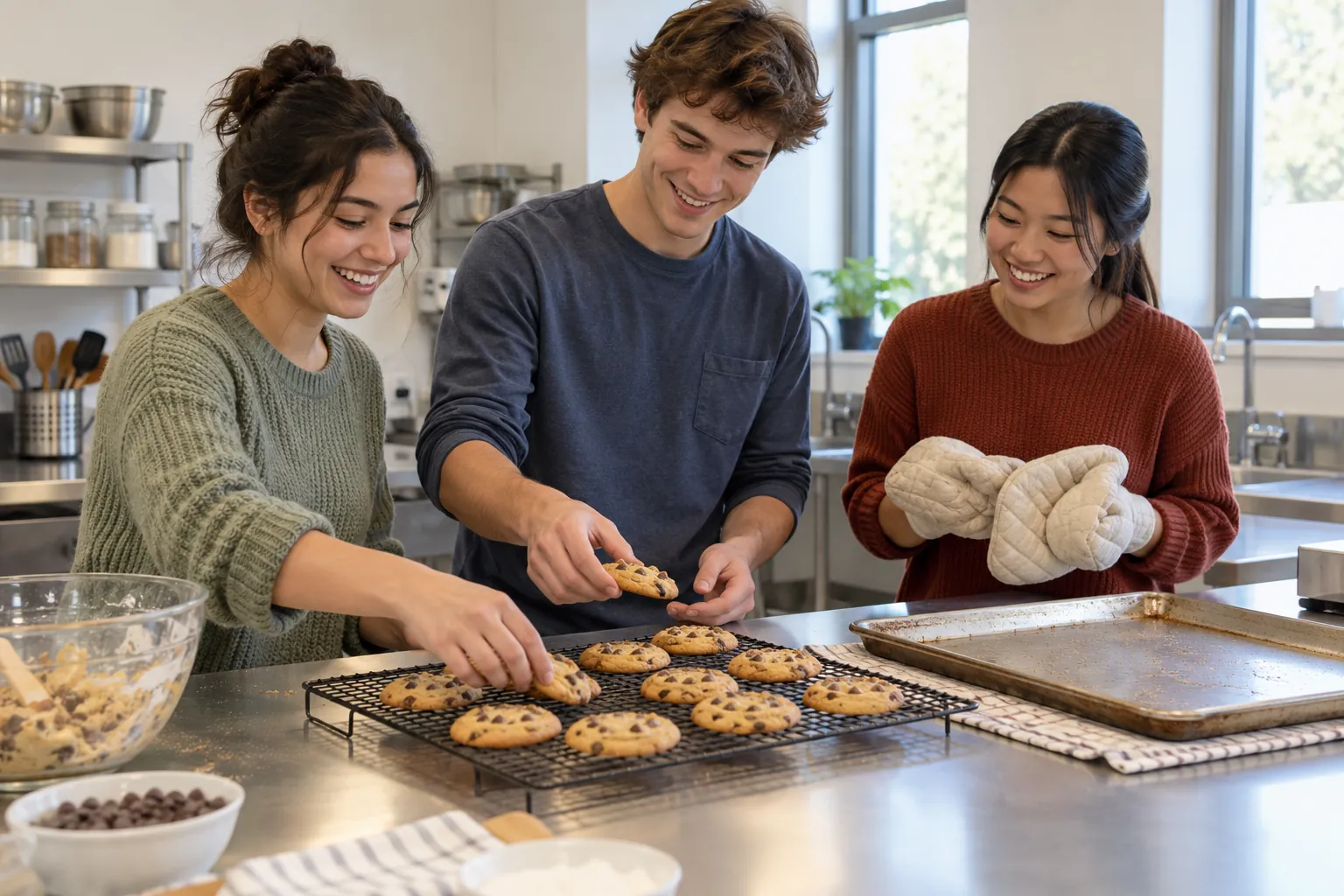 Illustration: Young adults transfer homemade cookies to a cooling rack.