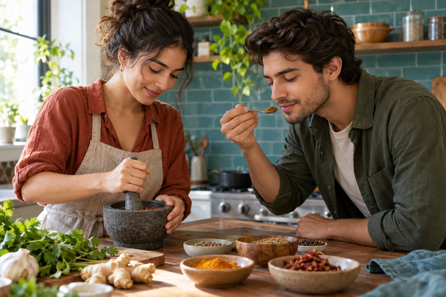 Illustration: Young adults grind and compare spices together in a kitchen.