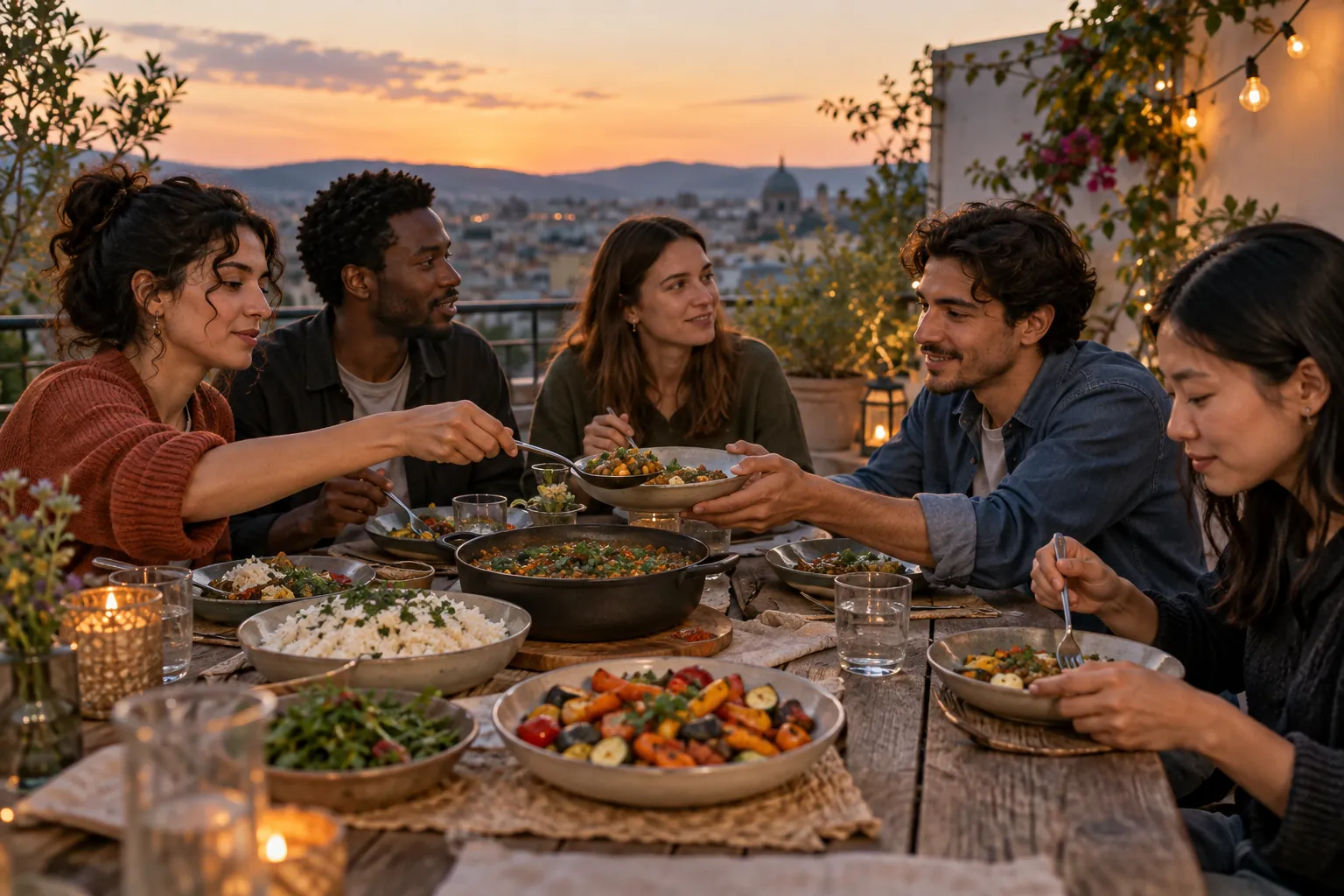 Illustration: Young adults share a meal on a terrace.