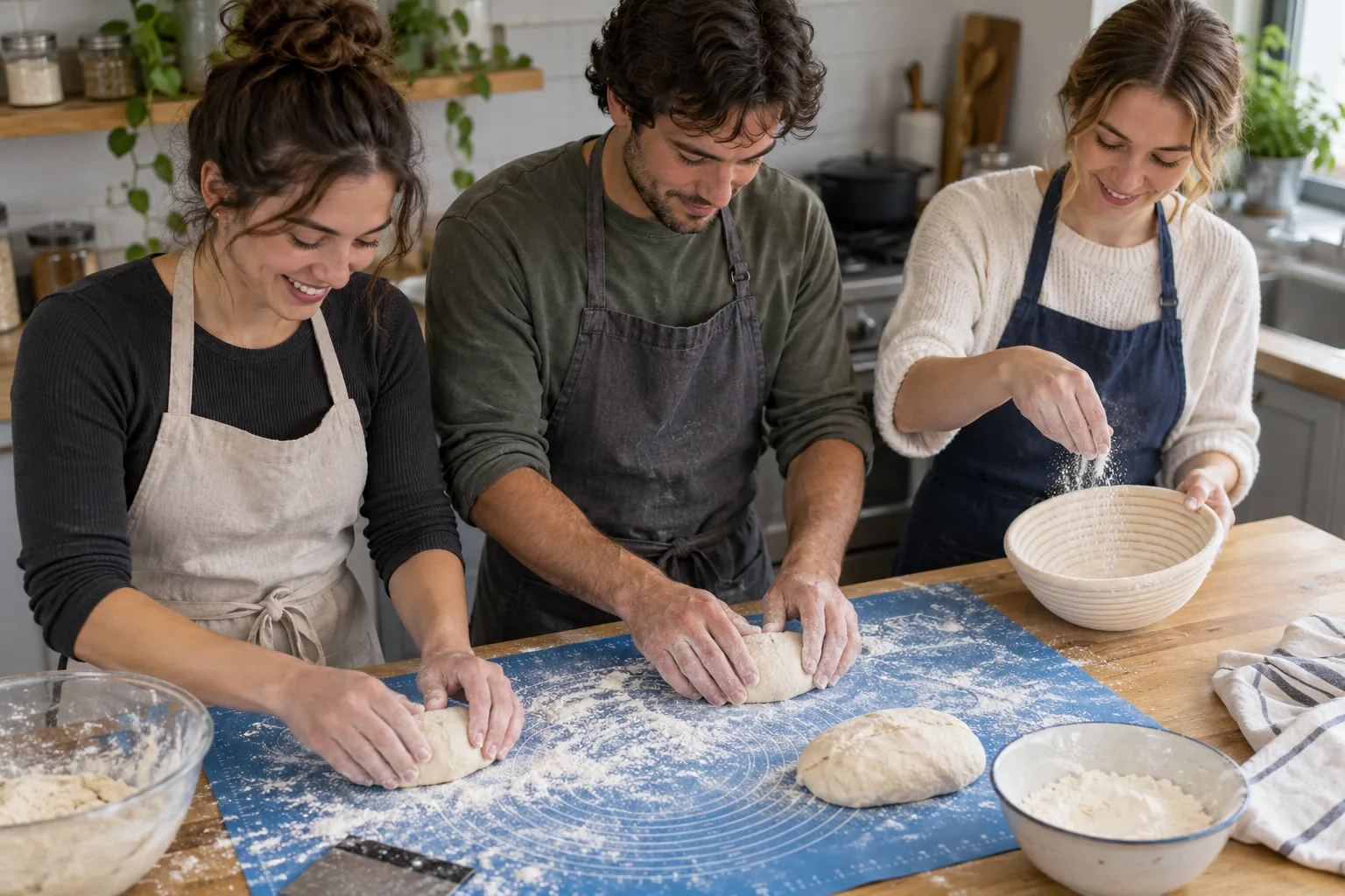 Illustration: Young adults shape bread dough in a community baking workshop.