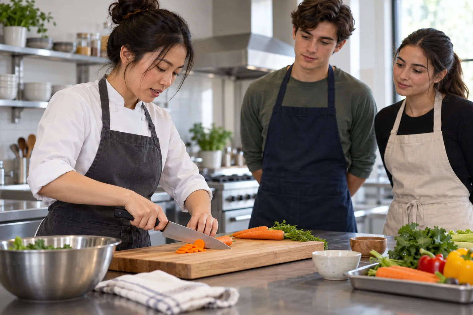 Illustration: A young cooking instructor demonstrates safe carrot slicing to two learners.