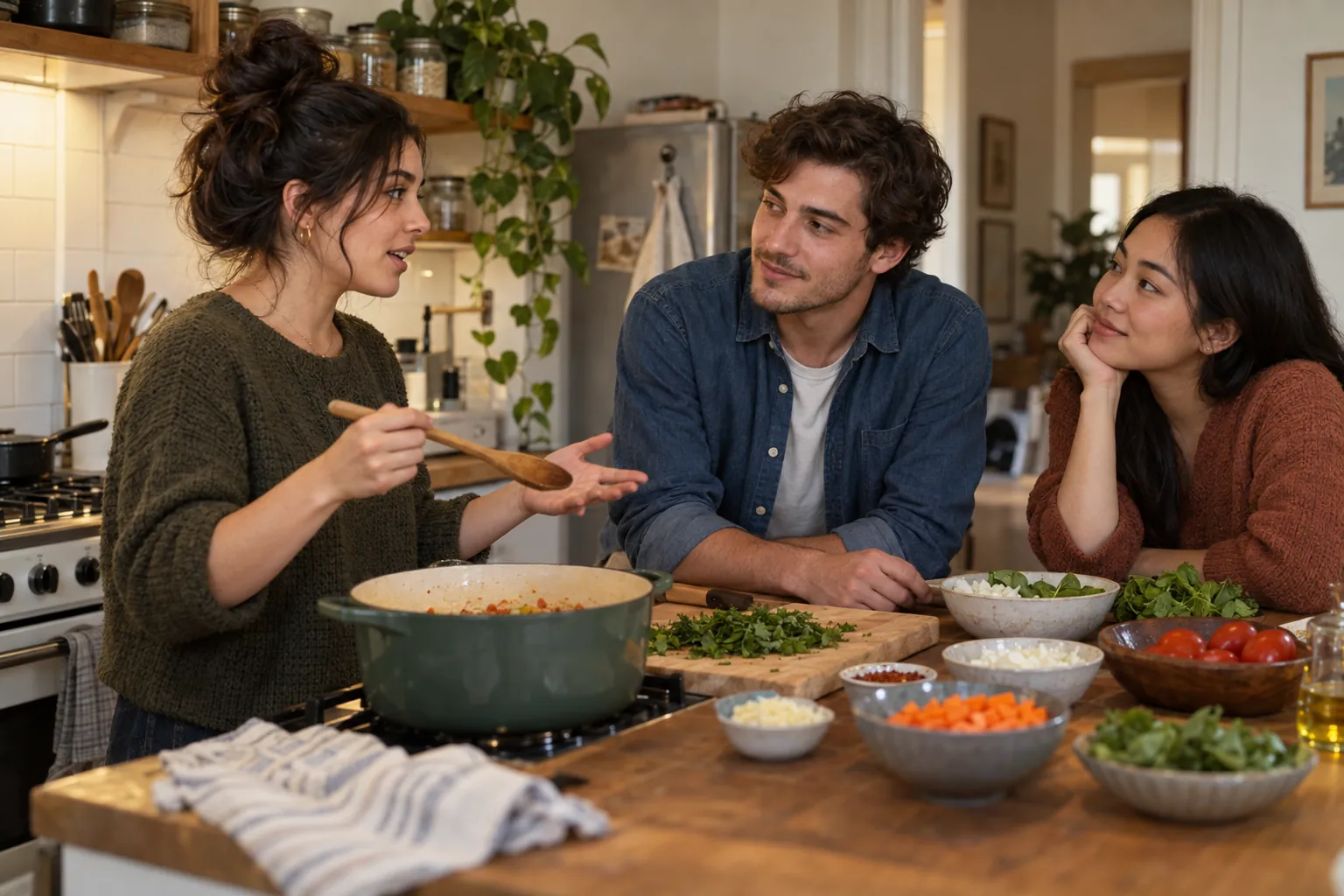 Illustration: Three young adults share a remembered cooking method in a modest kitchen.