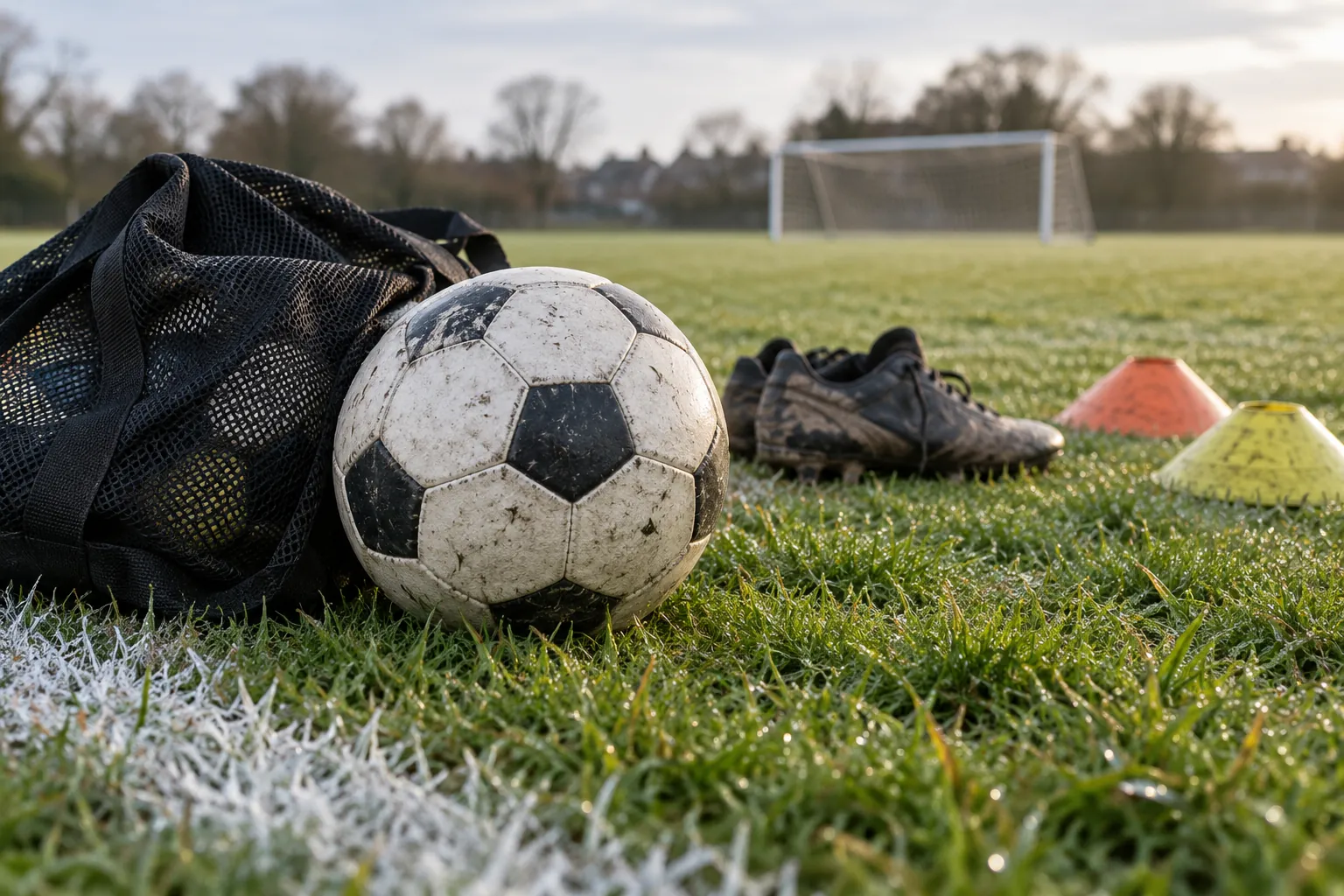 Illustration: A football, boots and training cones beside a grass pitch.