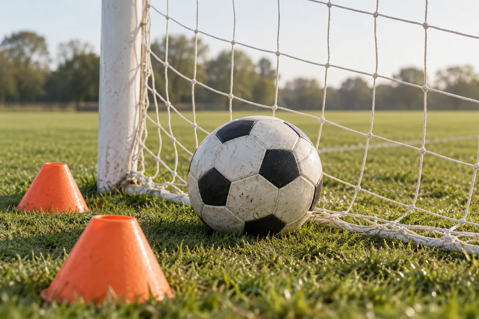 Illustration: A soccer ball and training cones beside a goal net.