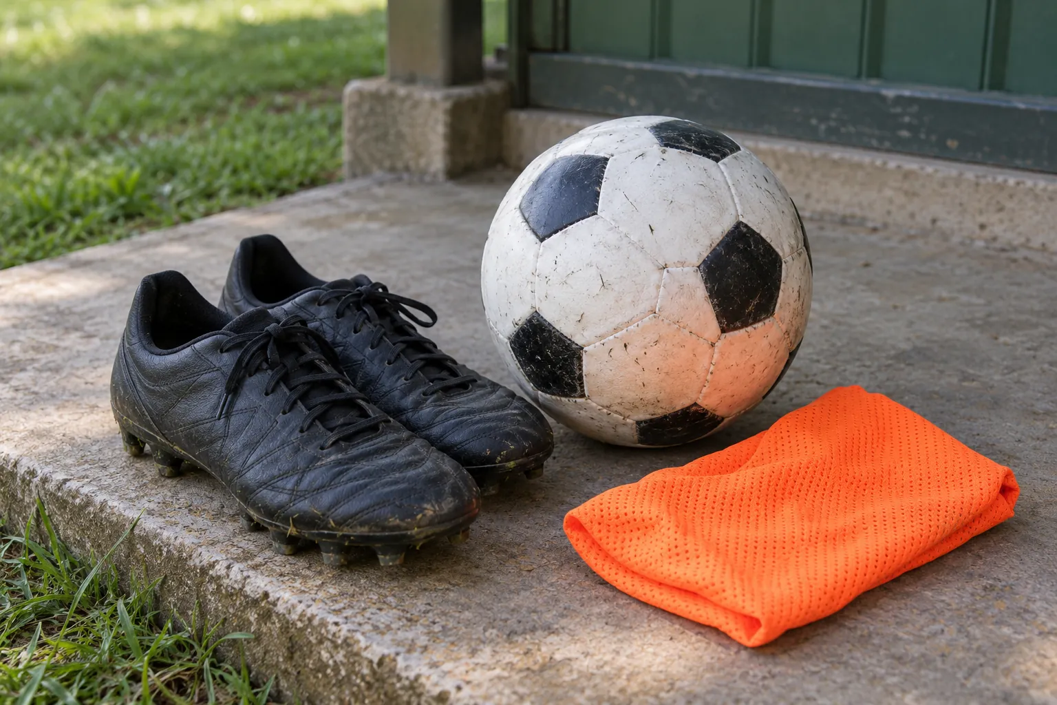 Illustration: Soccer boots, a ball and a training bib on a pavilion step.