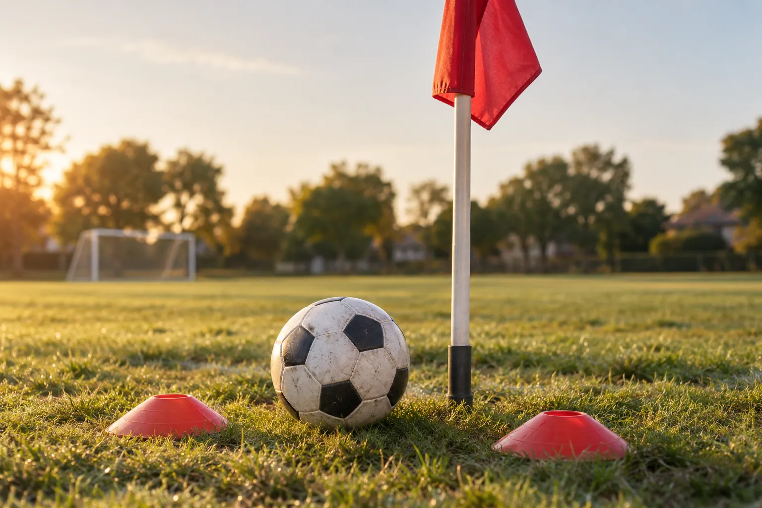 Illustration: A soccer ball and cones beside a plain corner flag.
