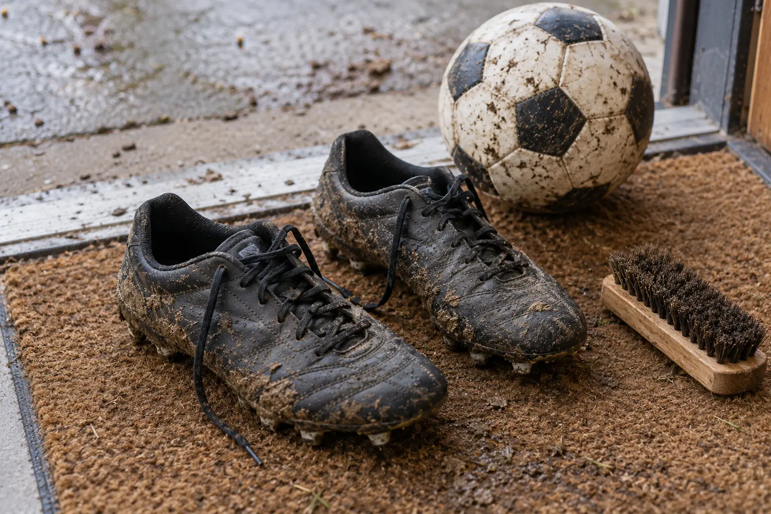 Illustration: Soccer boots, a boot brush and a round ball by an entrance.
