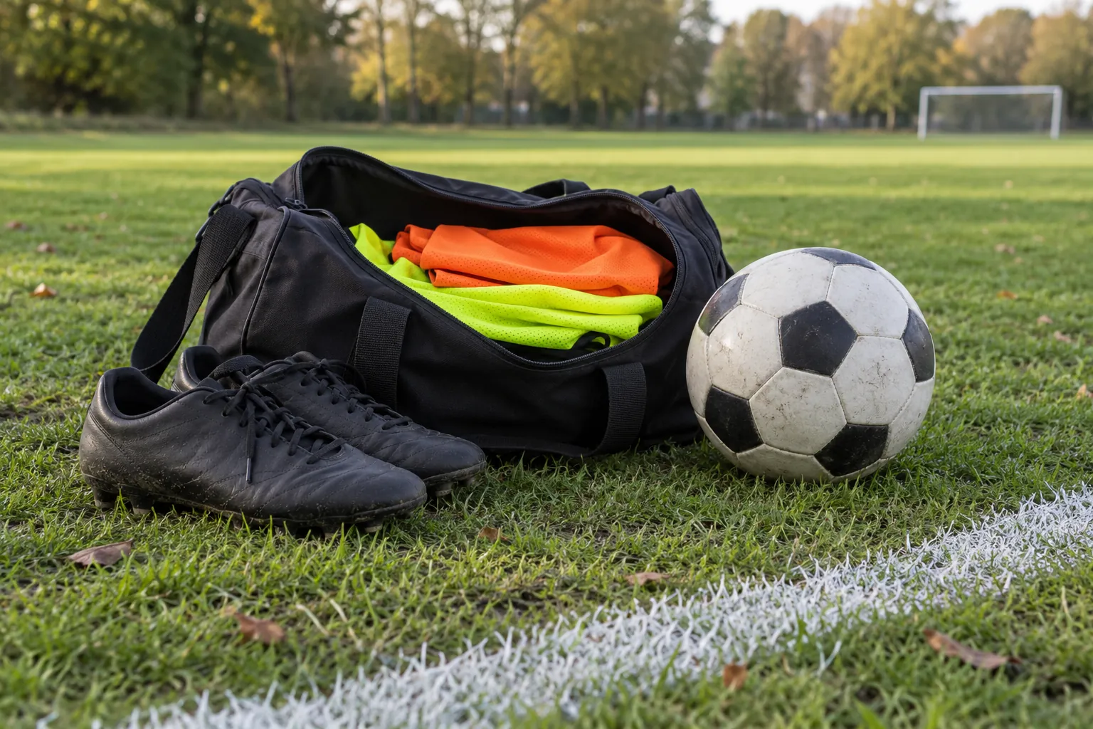 Illustration: Training bibs, soccer boots and a ball beside an open sports bag.