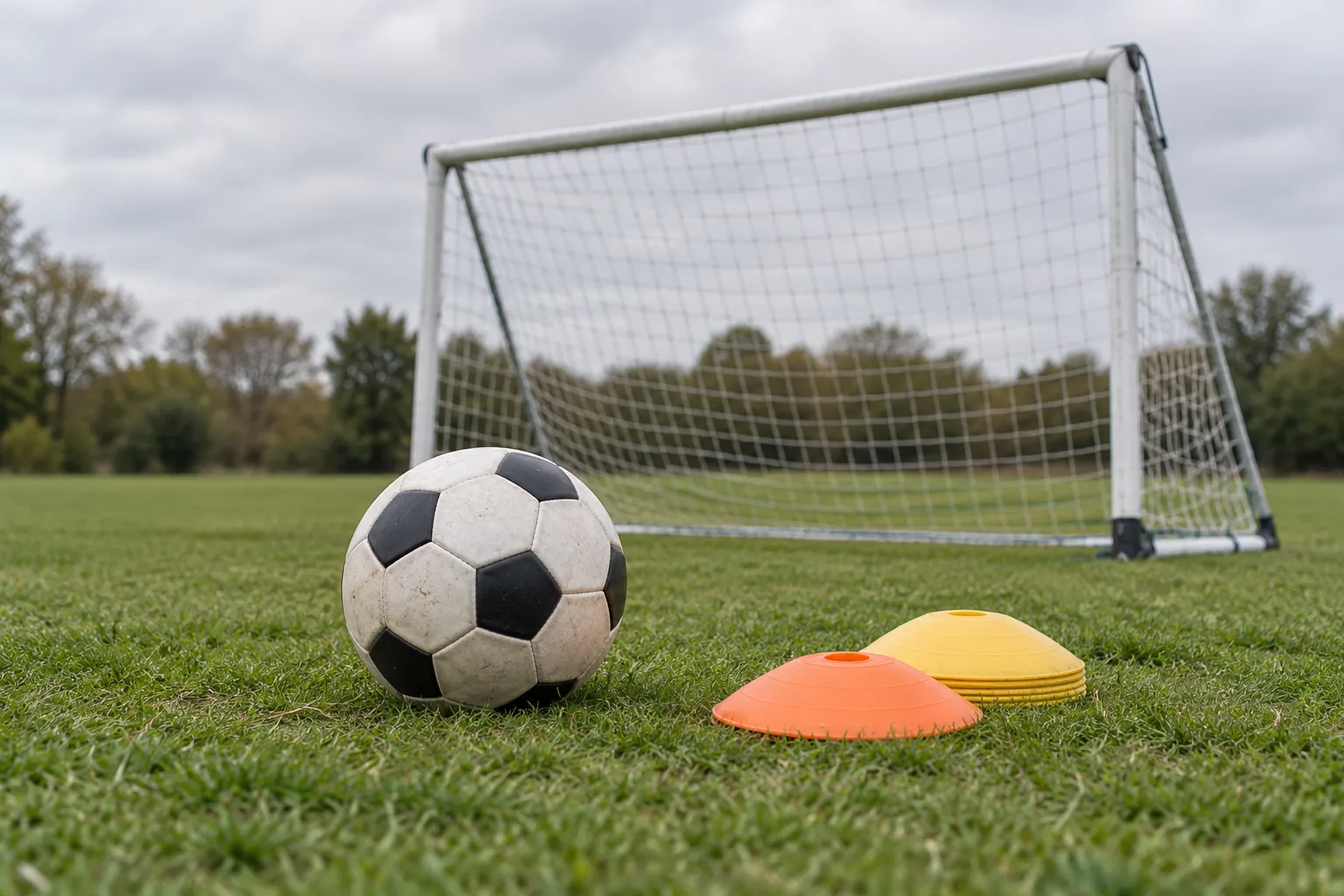 Illustration: A soccer ball and marker discs beside a portable goal.