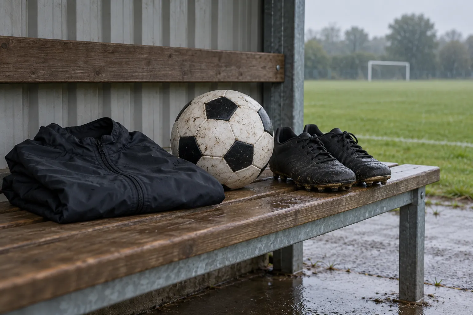 Illustration: A training jacket, soccer boots and a ball on a sheltered bench.