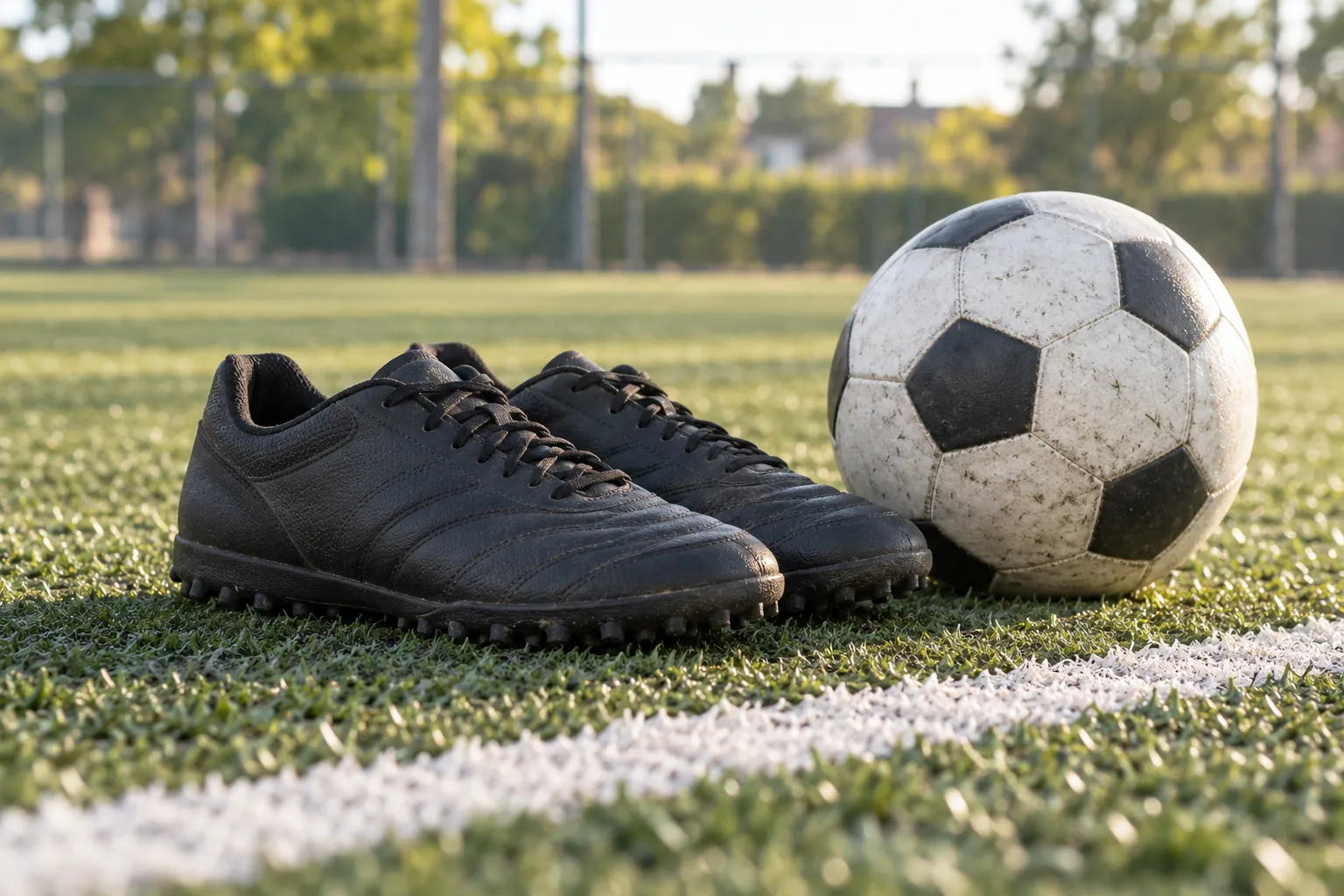 Illustration: Turf soccer shoes and a round ball beside a pitch line.