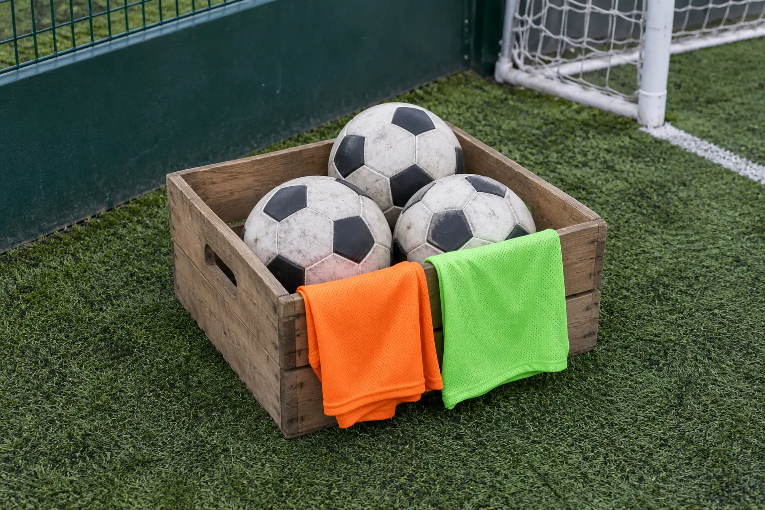 Illustration: Soccer balls and training bibs in a crate beside a turf pitch.