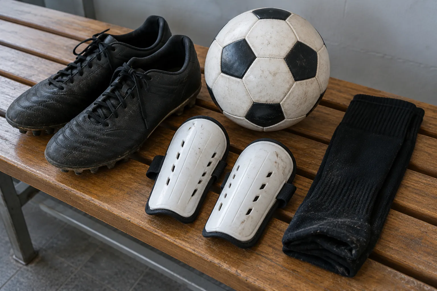 Illustration: Shin guards, socks and soccer shoes beside a ball.