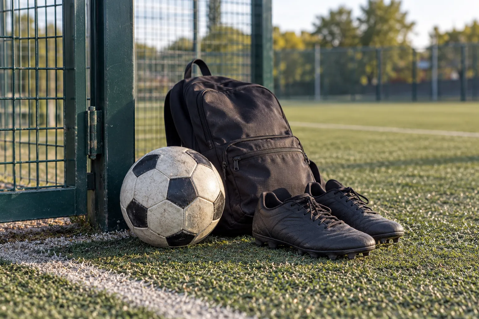 Illustration: A soccer ball, backpack and turf shoes beside a pitch gate.