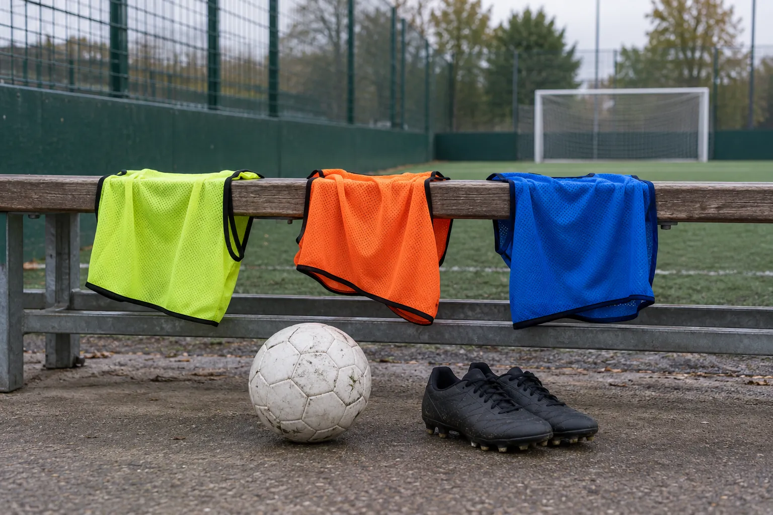 Plain training bibs above a soccer ball and turf shoes.
