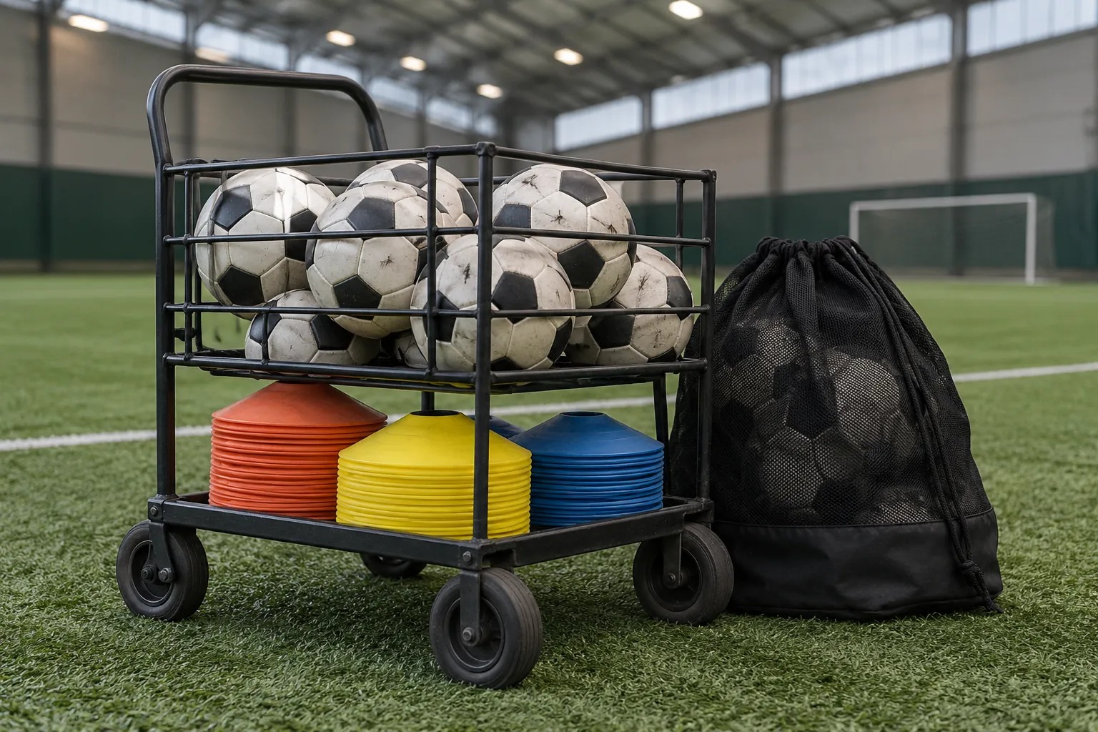 Illustration: A trolley of soccer balls and marker discs in a turf hall.