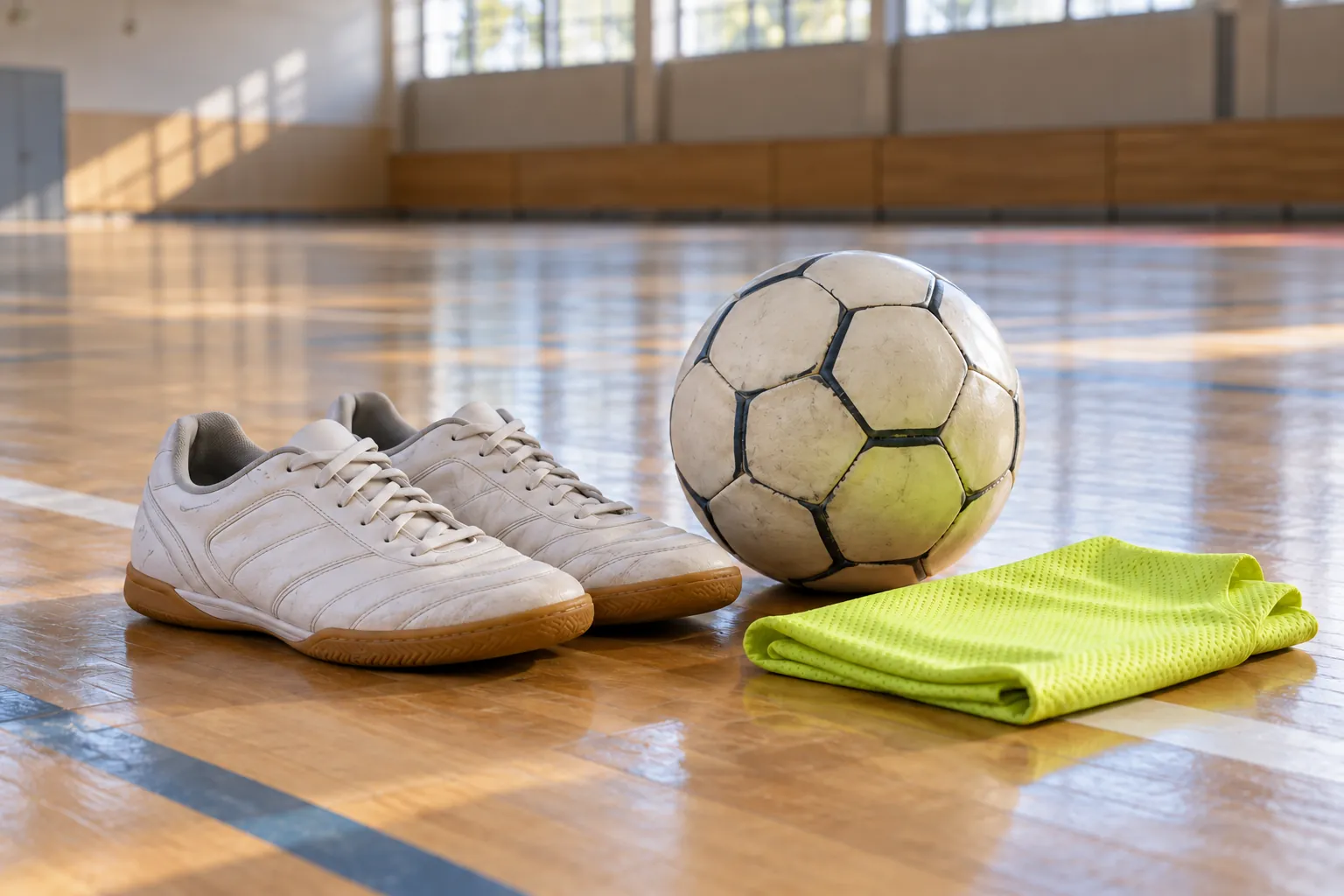 Illustration: Indoor soccer shoes and a futsal ball on a sports-hall floor.
